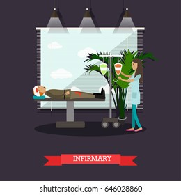 Military Hospital Concept Vector Illustration. Wounded Soldier And Nurse With Dropper. Infirmary Flat Style Design Element.