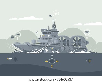 Military Hovercraft Armed. Vessel In Open Sea For Combat Mission. Vector Illustration