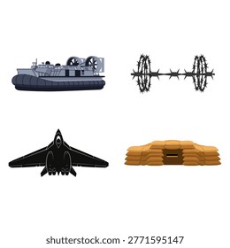 Military hovercraft barbed wire stealth bomber and sandbag bunker vector set.
