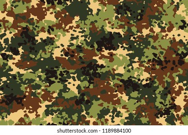 Military and hunting 'splotchy' camouflage. Seamless pattern has black, brown, yellowish-tan color, dark and light green . Summer type.