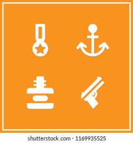 military icon. 4 military vector set. anchor, gun, force and medal with a star icons for web and design about military theme