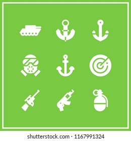 military icon. 9 military vector set. war tank, gas mask, radar and anchor icons for web and design about military theme
