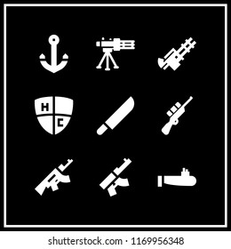 military icon. 9 military vector set. anchor, emblem, machine gun and rifle icons for web and design about military theme