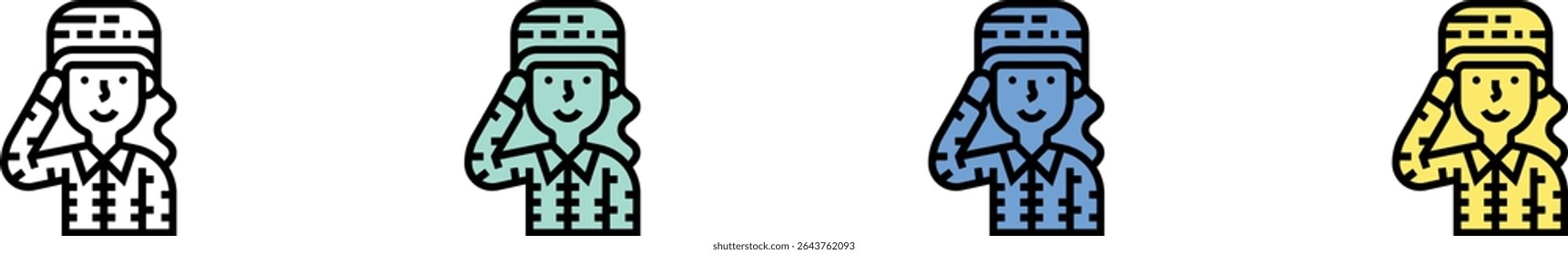 military icon. Outline, Green, Blue and Yellow Style Design Isolated On White Background