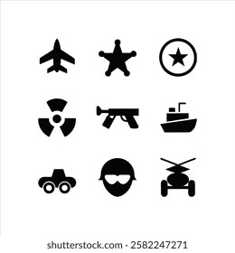Military Icon Set A Collection of Tactical Symbols Featuring Soldiers, Weapons, Tanks, Aircraft, and Combat Gear in a Bold and Strategic Design