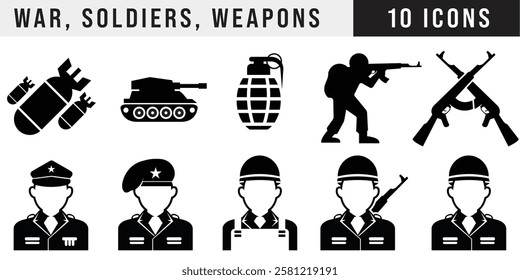 Military icon set featuring war symbols, soldiers, weapons, grenade, tank, rifles, army officers, and combat gear for defense, security, strategy, and armed forces illustration.