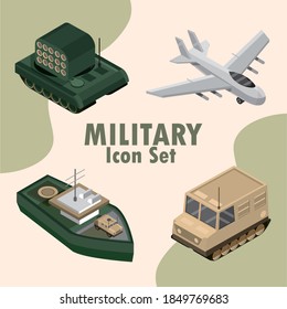 military icon set include plane, tank, ship vector illustration