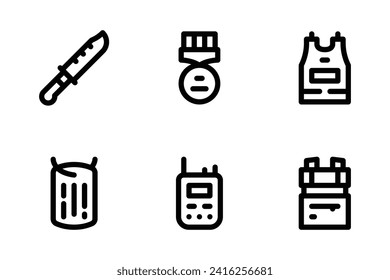 Military icon set including knife, medal, bullet proof vest, dog tag, walkie talkie, and backpack.