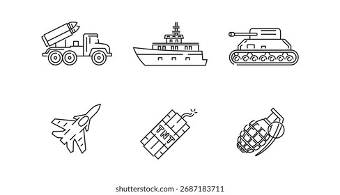 Military icon set: linear war vehicles and weapons collection