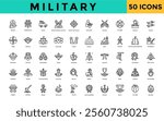 Military icon set with mission, deployment, patrol, reconnaissance mission, search and rescue, extraction, combat, fire fight, ambush, assault icon. Simple line vector