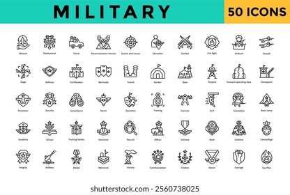 Military icon set with mission, deployment, patrol, reconnaissance mission, search and rescue, extraction, combat, fire fight, ambush, assault icon. Simple line vector