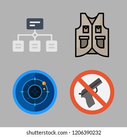 military icon set. vector set about radar, hierarchical structure, vest and weapons icons set.
