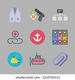 military icon set. vector set about gun, archive id, vest and submarine icons set.