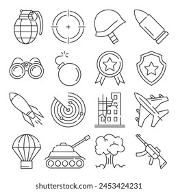 Vector de conjunto de iconos militares aislado. Ilustración de símbolos de guerra, estilo de contorno simple. Bomba, objetivo, tanque y bala. Equipo de soldados.