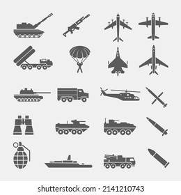 Military Icon Set Vector Tank Aircraft Helicopter Rocket Artillery Parachute Weapon Bomb War Weapons