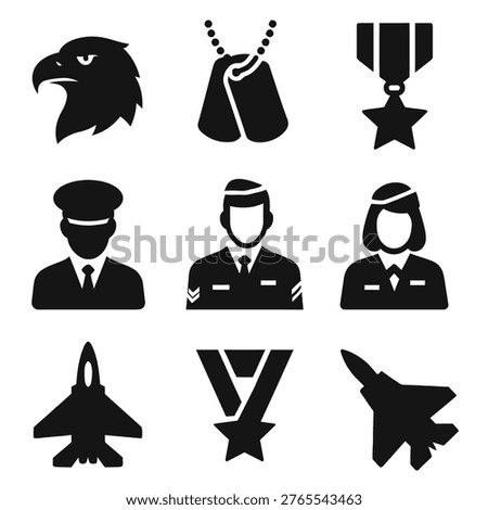 Military icons including eagle, dog tags, medal, pilots, and aircraft