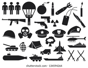 Military Icons (knife, Handgun, Bomb, Bullet, Gas Mask, Sword, Helmet, Captain Hat, Explosion, Dynamite, Tent, Machine Gun, Beret, Aircraft Carrier, Battleship)