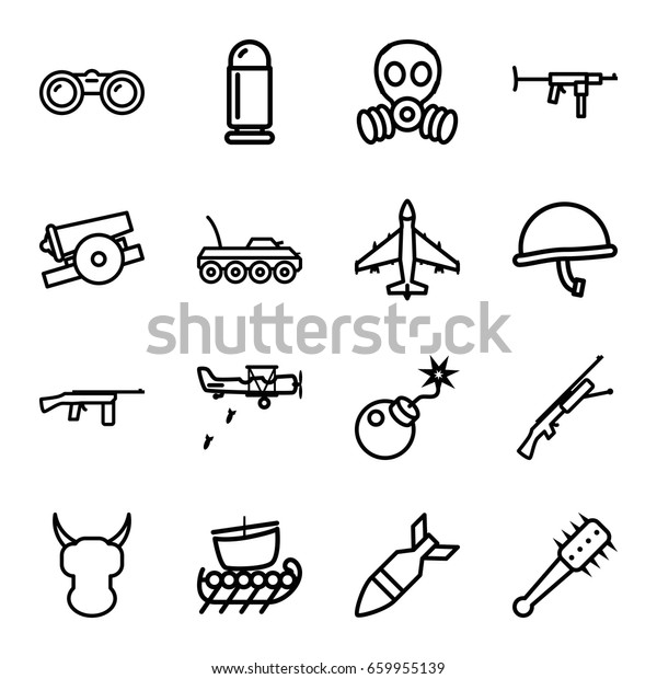 Military icons set. set of 16\
military outline icons such as bomb, rocket bomb, mace, cannon, gas\
mask, war helmet, bullet, plane, binoculars, submachine\
gun