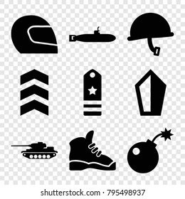 Military icons. set of 9 editable filled military icons such as sword, bomb, rank, war helmet, tank, submarine, boot