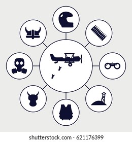 Military icons set. set of 9 military filled icons such as helmet, gas mask, bulletproof vest, ammo