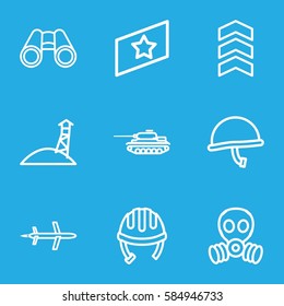 military icons set. Set of 9 military outline icons such as helmet, binoculars, gas mask, rank, war helmet, plane, tank