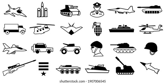 Juego de iconos militares. ilustración de símbolo del ejército. tanque, altelería, soldado, jet, municiones y más. modificable. vector. eps10