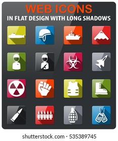 Military icons set in flat design with long shadow