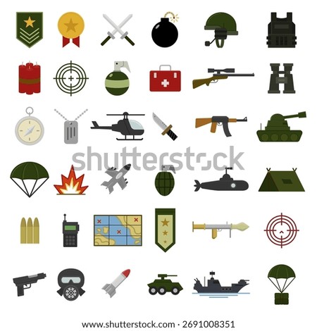 Military icons vector flat style isolated on white background.