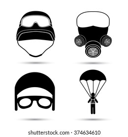 Military Icons. Vector set isolated on white. Helmet, gas mask, parachute
