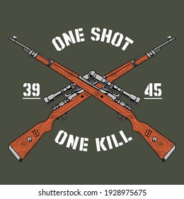 Military Illustration Design, A 98 Carbiner Rifle And A One Shot One Kill Logo 