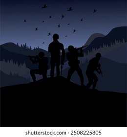 Military illustration landscape mountain soldiers silhouettes