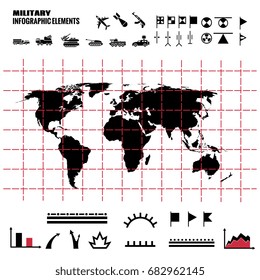 Military infographics elements with world map and icons. Black world map. Vector illustration