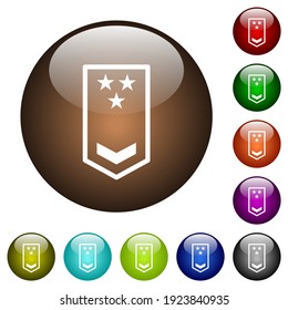 Military insignia with one chevron and three stars white icons on round glass buttons in multiple colors