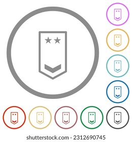 Military insignia with one chevron and two stars flat color icons in round outlines on white background