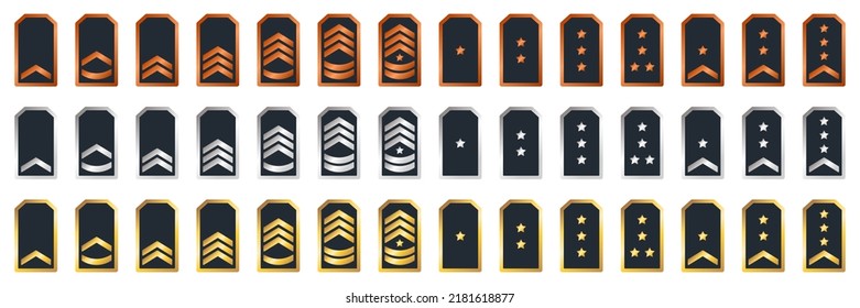 Military Insignia Soldier Icon Set. Sergeant, General, Major, Officer, Lieutenant, Colonel Patch. Military Army Badges. Golden, Silver, Bronze Army Rank on White Background. Vector Illustration.