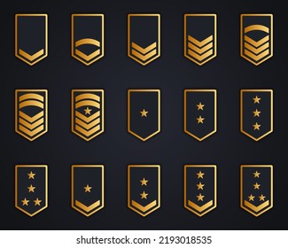 Military Insignia Soldier Icon Set. Chevron Stripes Badge Gold Logo. Sergeant, General, Major, Officer, Lieutenant, Colonel Patch . Golden Army Rank On Dark Background. Isolated Vector Illustration.