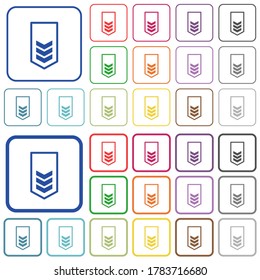 Military insignia with three chevrons color flat icons in rounded square frames. Thin and thick versions included.