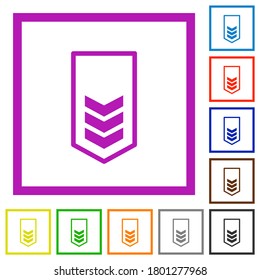 Military insignia with three chevrons flat color icons in square frames on white background