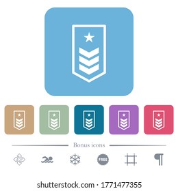 Military insignia with three chevrons and one star white flat icons on color rounded square backgrounds. 6 bonus icons included