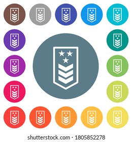Military insignia with three chevrons and three stars flat white icons on round color backgrounds. 17 background color variations are included.