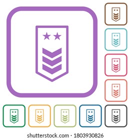 Military insignia with three chevrons and two stars simple icons in color rounded square frames on white background