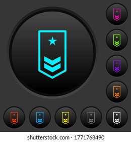 Military insignia with two chevrons and one star dark push buttons with vivid color icons on dark grey background