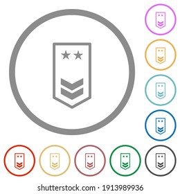 military insignia with two chevrons and two stars flat color icons in round outlines on white background
