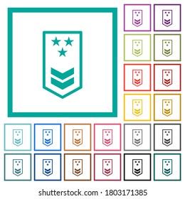 Military insignia with two chevrons and three stars flat color icons with quadrant frames on white background