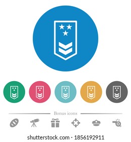 Military insignia with two chevrons and three stars flat white icons on round color backgrounds. 6 bonus icons included.