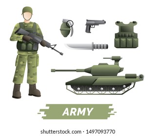 Military instruments kit. Set of characters of Soldier with military equipments. design vector element