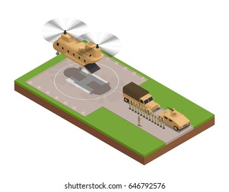 Military isometric composition with moment the large cargo helicopter landed on the base vector illustration