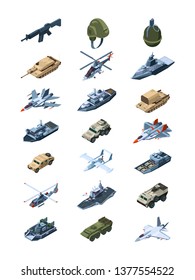 Military isometric. Security guards in uniform soldiers with tanks all-terrain vehicle machine guns grenades shields vector collection