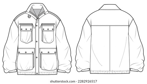 Military jacket design flat sketch Illustration front and back view vector template, Winter Bomber Jacket for men and women