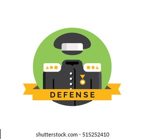 Military jacket as a symbol of defense, reliable protection and client responsibility. Vector achievement badge.